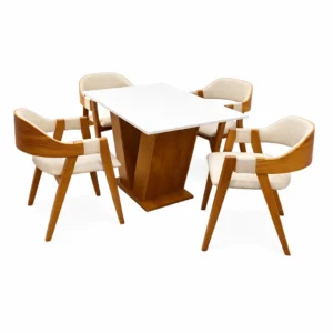 Mesa de Jantar Classic 120x80cm com Vidro e 4 Cadeiras Perola em Linho Madeira Cel Móveis