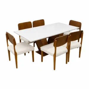 Mesa de Jantar Classic 160x80cm com Vidro e 6 Cadeiras Barcelona em Linho Madeira Cel Móveis