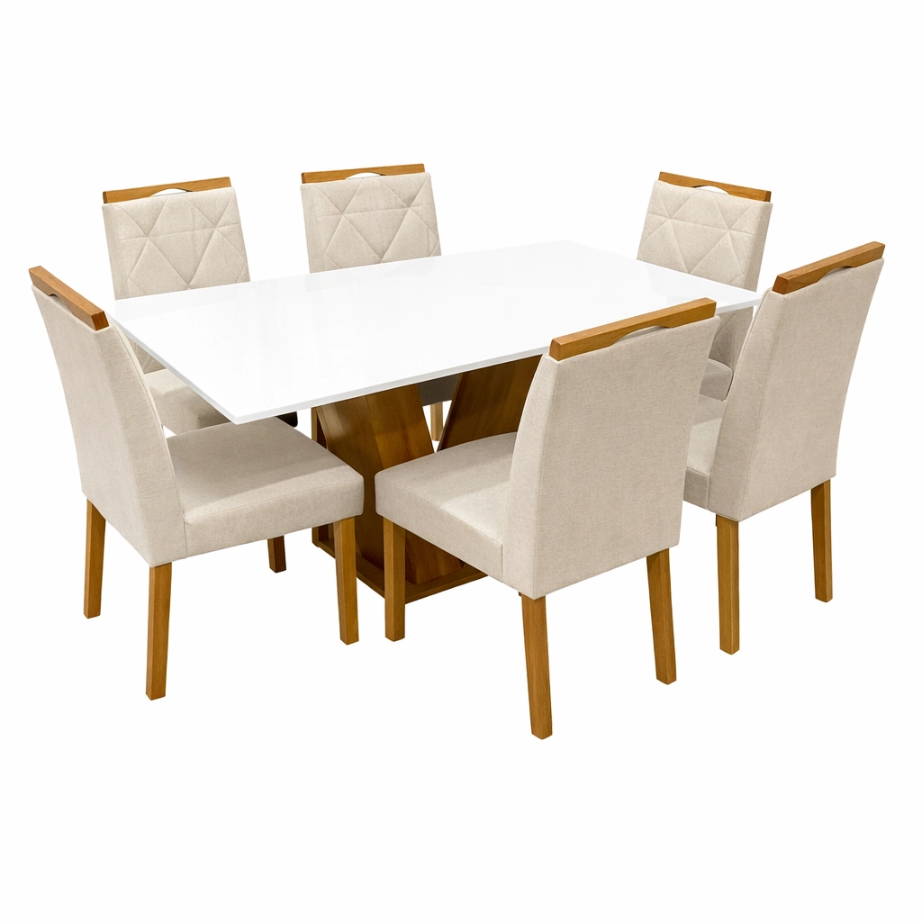 Mesa de Jantar Classic 160x80cm com Vidro e 6 Cadeiras California em Linho Estofadas Cel Móveis