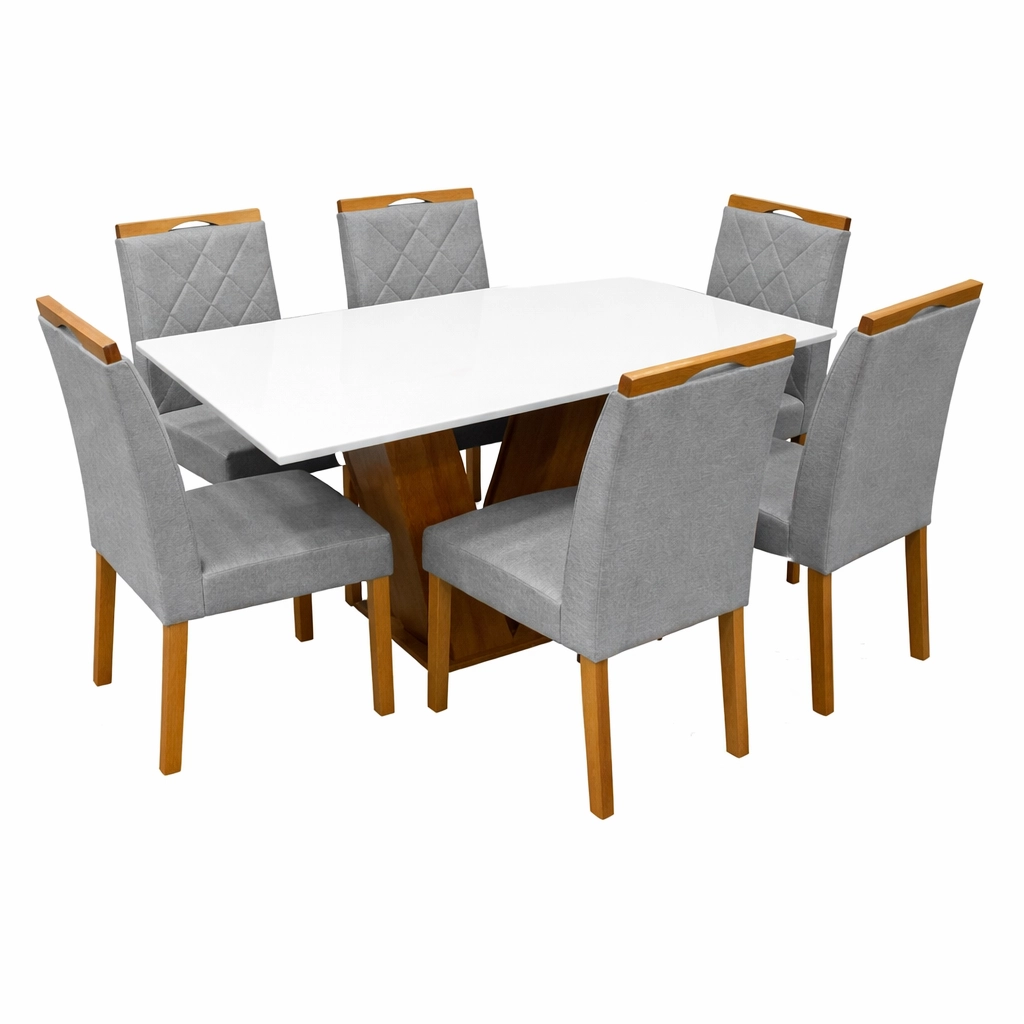 Mesa de Jantar Classic 160x80cm com Vidro e 6 Cadeiras California em Linho Estofadas Cel Móveis - Imagem 4