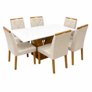 Mesa de Jantar Classic 160x80cm com Vidro e 6 Cadeiras California em Veludo Estofadas Cel Móveis