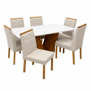 Mesa de Jantar Classic 160x80cm com Vidro e 6 Cadeiras Giulia em Linho Estofadas Cel Móveis