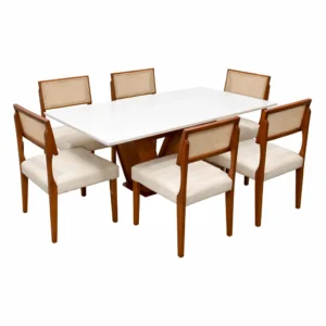 Mesa de Jantar Classic 160x80cm com Vidro e 6 Cadeiras Grecia em Linho Madeira Cel Móveis