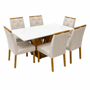 Mesa de Jantar Classic 160x80cm com Vidro e 6 Cadeiras Jasmim em Veludo Estofadas Cel Móveis