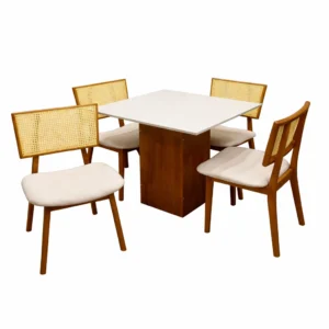 Mesa de Jantar Dakota 90x90cm Sem Vidro e 4 Cadeiras Livia em Linho Madeira Cel Móveis