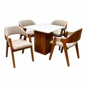 Mesa de Jantar Dakota 90x90cm Sem Vidro e 4 Cadeiras Perola em Linho Madeira Cel Móveis