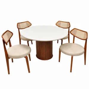 Mesa de Jantar Dara 110cm Redonda com Vidro e 4 Cadeiras Athenas em Linho Madeira Lj Móveis
