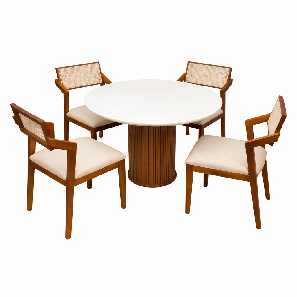 Mesa de Jantar Dara 110cm Redonda com Vidro e 4 Cadeiras Berlim Hr em Linho Madeira Lj Móveis