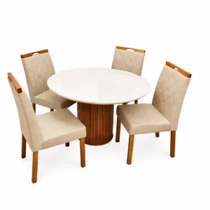 Mesa de Jantar Dara 110cm Redonda com Vidro e 4 Cadeiras California em Linho Estofadas Lj Móveis
