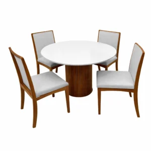 Mesa de Jantar Dara 110cm Redonda com Vidro e 4 Cadeiras Lara Kappesberg em Linho Madeira Lj Móveis