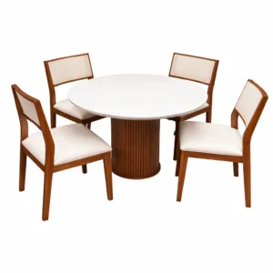 Mesa de Jantar Dara 110cm Redonda com Vidro e 4 Cadeiras Oiti em Linho Madeira Lj Móveis