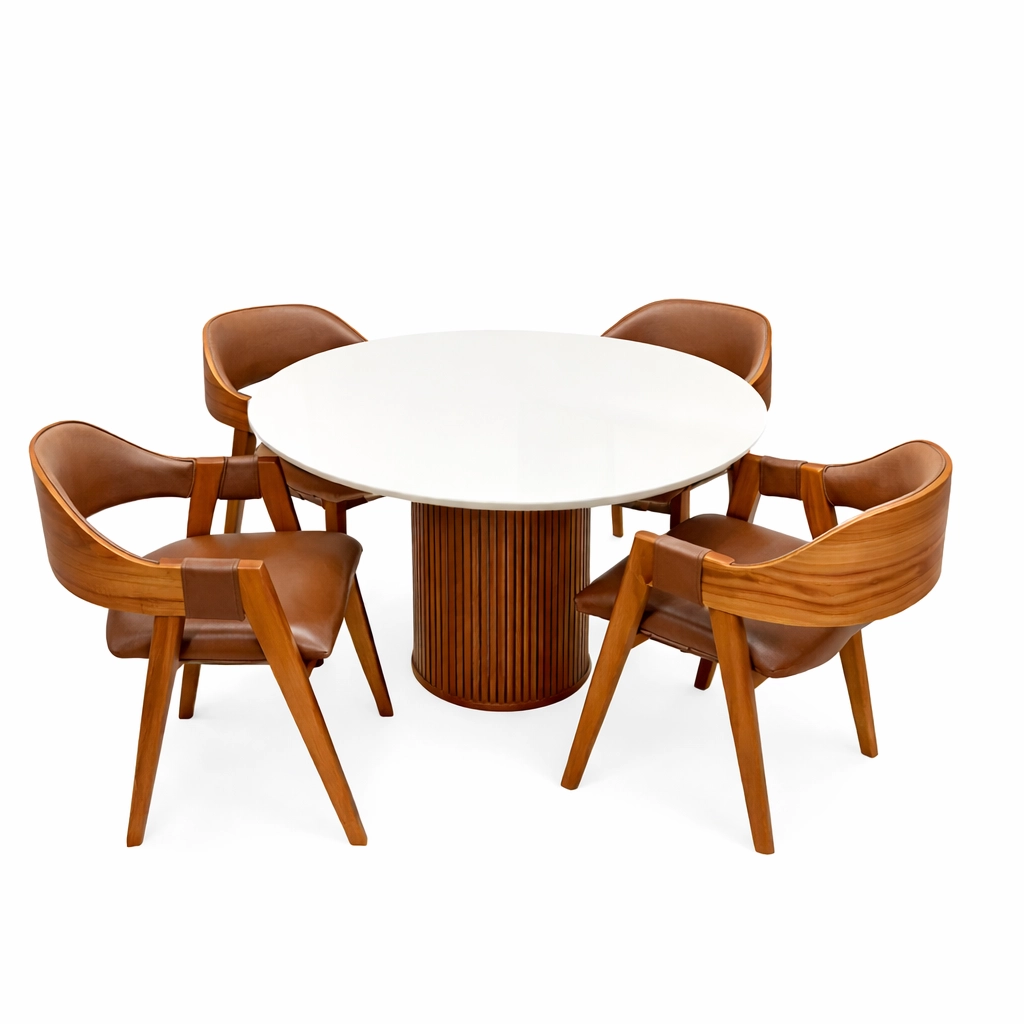 Mesa de Jantar Dara 110cm Redonda com Vidro e 4 Cadeiras Perola em Corino Madeira Lj Móveis