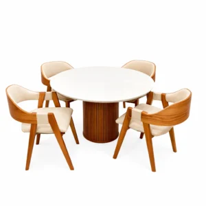 Mesa de Jantar Dara 110cm Redonda com Vidro e 4 Cadeiras Perola em Linho Madeira Lj Móveis