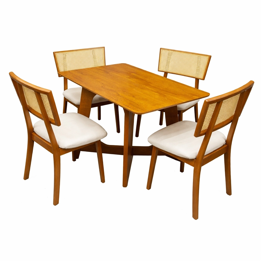 Mesa de Jantar Dubai Flex 120x80cm Sem Vidro e 4 Cadeiras Livia em Linho Madeira Cel Móveis