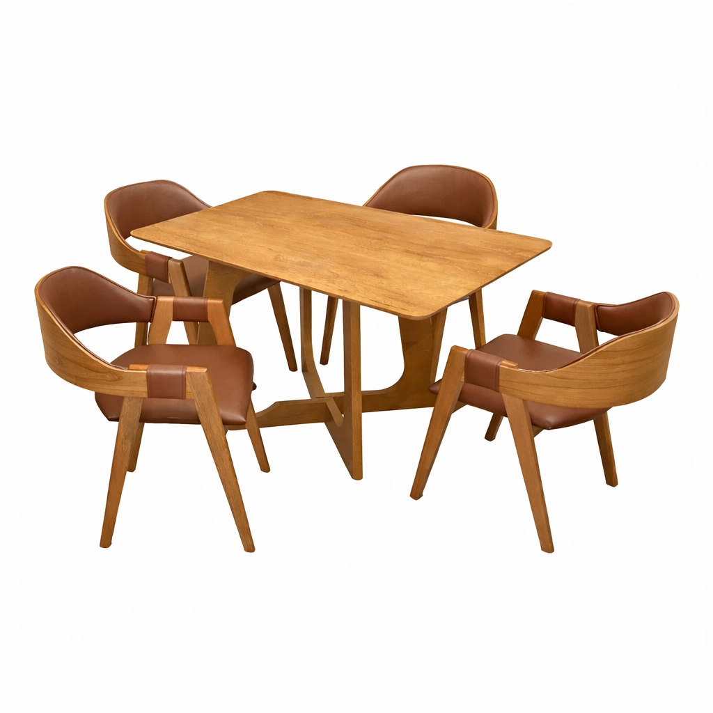 Mesa de Jantar Dubai Flex 120x80cm Sem Vidro e 4 Cadeiras Perola em Corino Madeira Cel Móveis