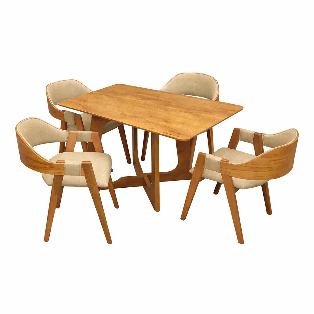 Mesa de Jantar Dubai Flex 120x80cm Sem Vidro e 4 Cadeiras Perola em Linho Madeira Cel Móveis