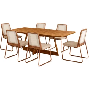 Mesa de Jantar Atria 160x90cm com 6 Cadeiras Wood 1751 em Aço e Mdf Tecido Linho Carraro