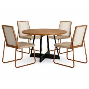 Mesa de Jantar Atria Redonda com 4 Cadeiras Wood 1751 em Aço e Mdf Tecido Linho Carraro