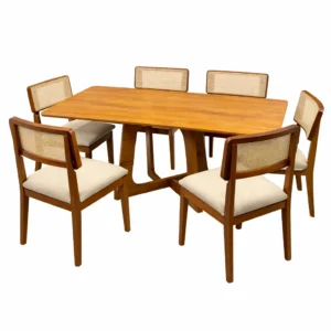 Mesa de Jantar Dubai Flex 160x80cm Sem Vidro e 6 Cadeiras Canada em Linho Madeira Cel Móveis