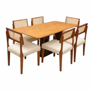 Mesa de Jantar Dubai Flex 160x80cm Sem Vidro e 6 Cadeiras Grecia em Linho Madeira Cel Móveis