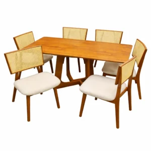 Mesa de Jantar Dubai Flex 160x80cm Sem Vidro e 6 Cadeiras Livia em Linho Madeira Cel Móveis