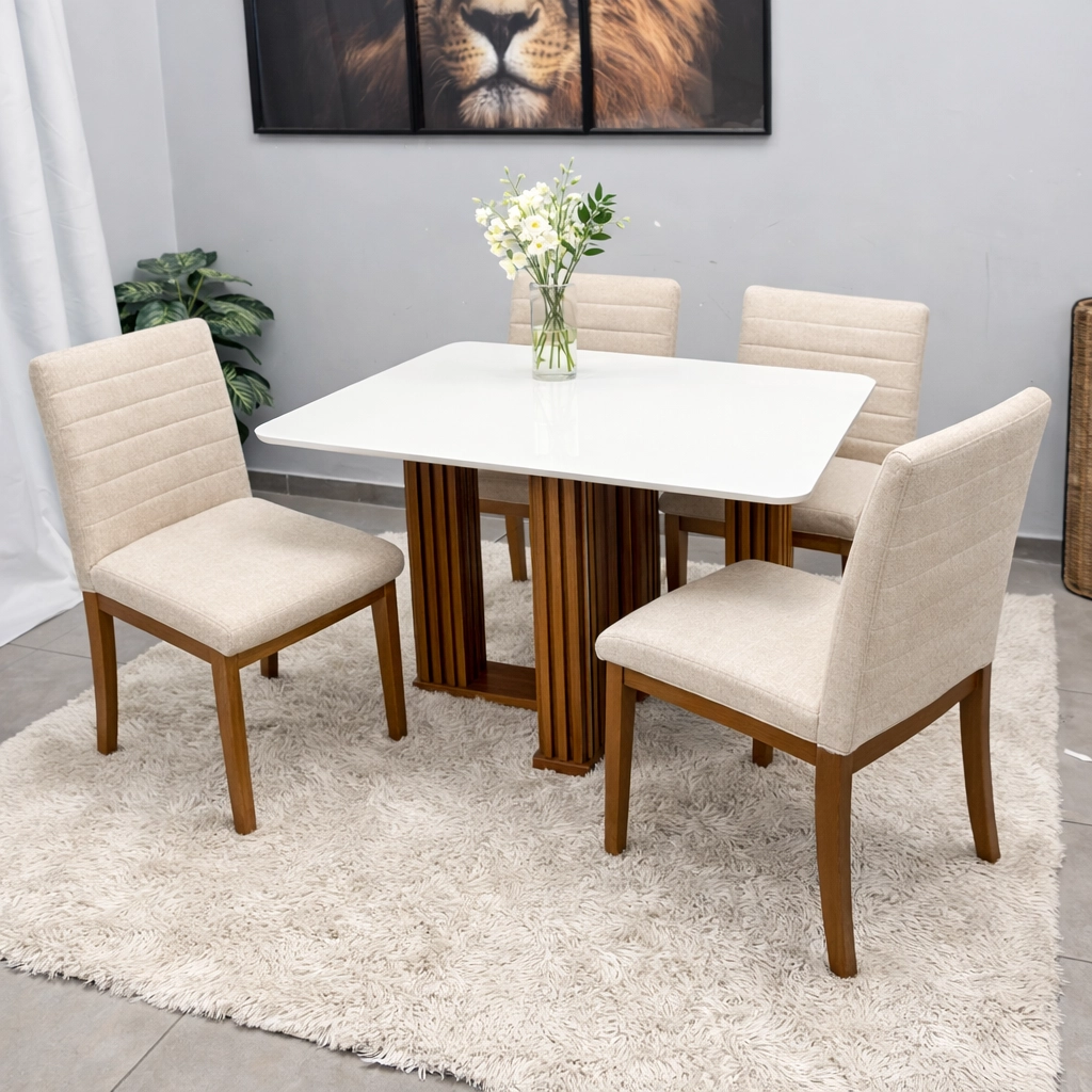 Mesa de Jantar Florença 120x80cm com Vidro e 4 Cadeiras Sofia em Linho Madeira Lj Móveis - Imagem 3