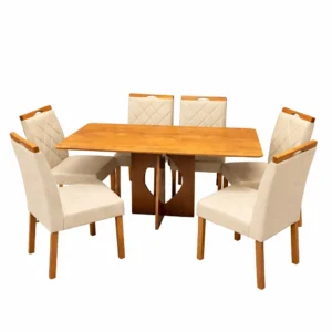 Mesa de Jantar Madrid Dubai 160x80cm Sem Vidro e 6 Cadeiras California em Linho Estofadas Minas Plac