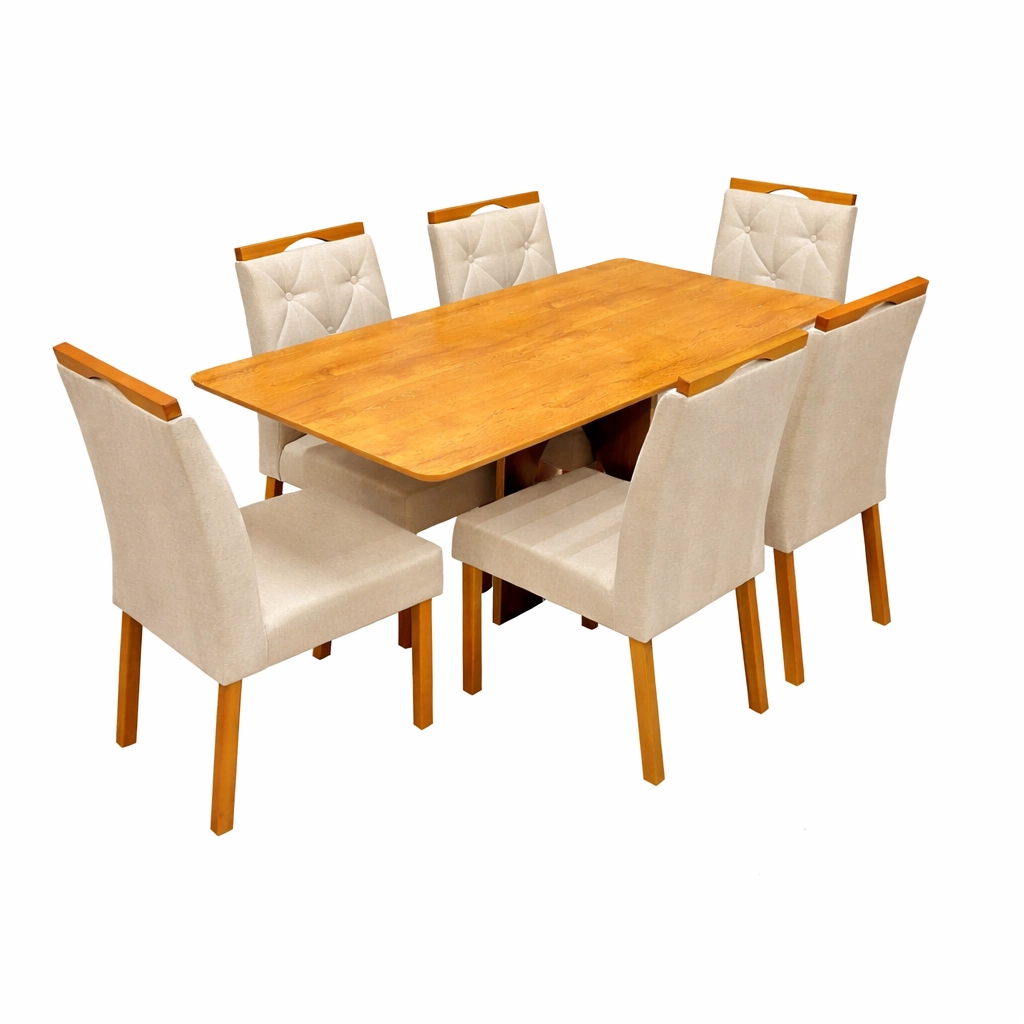 Mesa de Jantar Madrid Dubai 160x80cm Sem Vidro e 6 Cadeiras Jasmim em Linho Estofadas Minas Plac