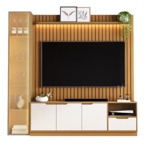 Rack com Painel Tucuma Ripado 180cm com Prateleira 1 Torre e Led 4 Portas 1 Gaveta Jb Bechara