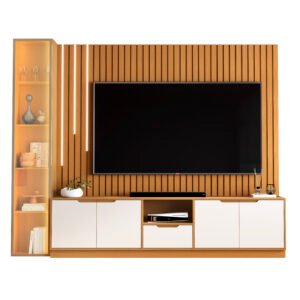 Rack com Painel Tucuma Ripado 230cm Sem Prateleira 1 Torre com Led Cascata 5 Portas 1 Gaveta Jb Bechara