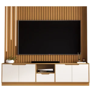 Rack com Painel Tucuma Ripado 230cm Sem Prateleira com Led Cascata 4 Portas 1 Gaveta Jb Bechara