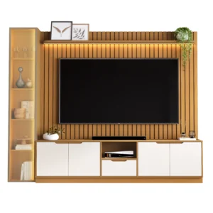 Rack com Painel Tucuma Ripado 230cm com Prateleira 1 Torre e Led 5 Portas 1 Gaveta Jb Bechara