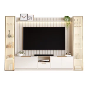 Rack com Painel Tucuma Ripado 230cm com Prateleira 2 Torres e Led 6 Portas 1 Gaveta Jb Bechara