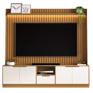 Rack com Painel Tucuma Ripado 230cm com Prateleira e Led 4 Portas 1 Gaveta Jb Bechara