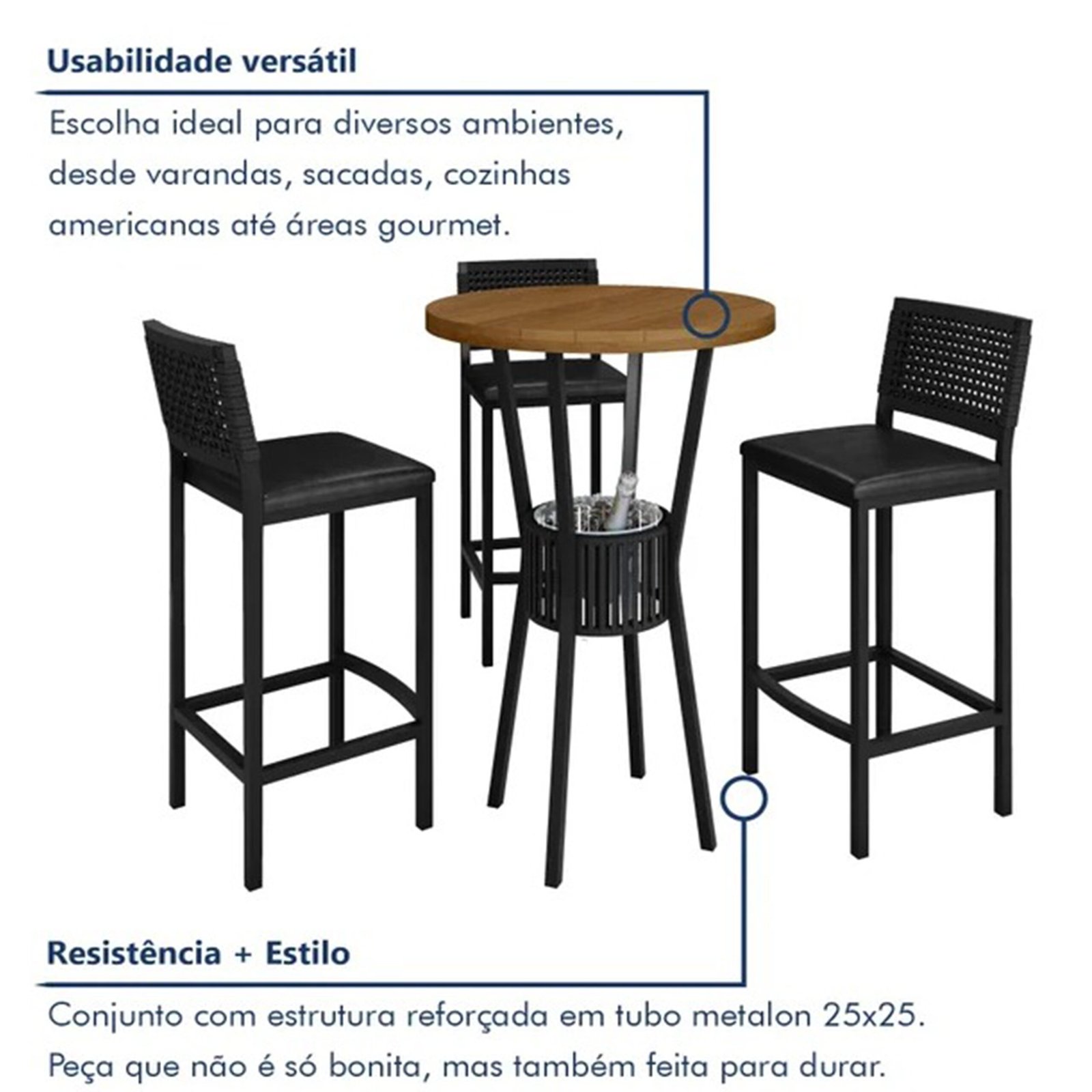 Mesa Bistro Bar com 3 Banquetas Madri e Cooler em Corda Náutica Paonanda - Imagem 4