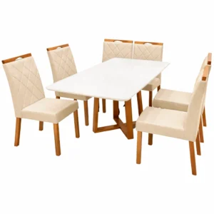 Mesa de Jantar Bali 160x80cm com Vidro e 6 Cadeiras California em Linho Estofadas Minas Plac