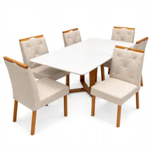Mesa de Jantar Bali 160x80cm com Vidro e 6 Cadeiras Jasmim em Veludo Estofadas Minas Plac