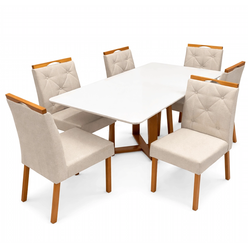Mesa de Jantar Bali 160x80cm com Vidro e 6 Cadeiras Jasmim em Veludo Estofadas Minas Plac