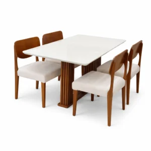 Mesa de Jantar Florença 120x80cm com Vidro e 4 Cadeiras Barcelona em Linho Madeira Lj Móveis