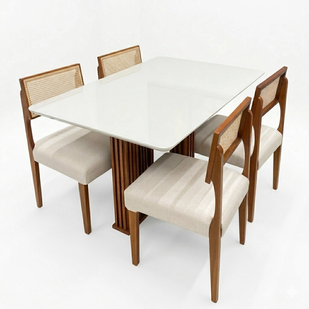 Mesa de Jantar Florença 120x80cm com Vidro e 4 Cadeiras Grecia em Linho Madeira Lj Móveis