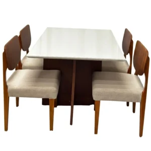 Mesa de Jantar Helo 120x90cm com Vidro e 4 Cadeiras Barcelona em Linho Madeira Poliman
