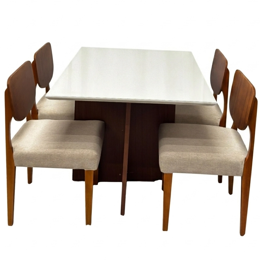 Mesa de Jantar Helo 120x90cm com Vidro e 4 Cadeiras Barcelona em Linho Madeira Poliman