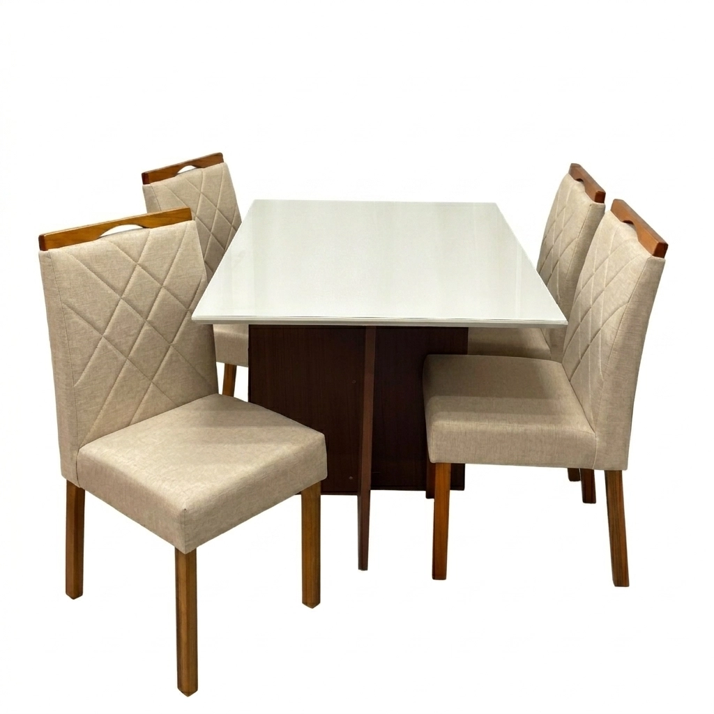 Mesa de Jantar Helo 120x90cm com Vidro e 4 Cadeiras California em Linho Estofadas Poliman