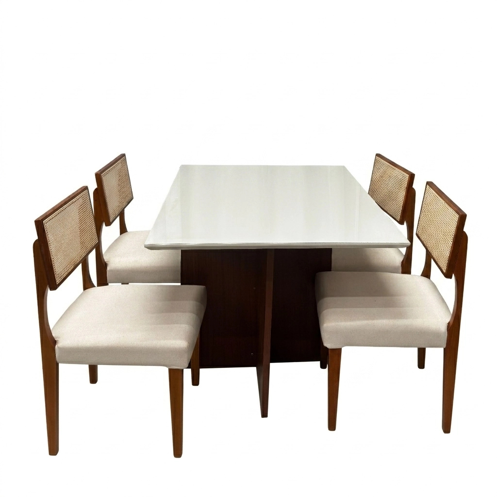 Mesa de Jantar Helo 120x90cm com Vidro e 4 Cadeiras Grecia em Linho Madeira Poliman