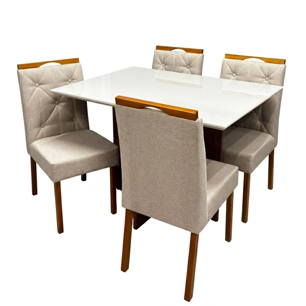 Mesa de Jantar Helo 120x90cm com Vidro e 4 Cadeiras Jasmim em Veludo Estofadas Poliman