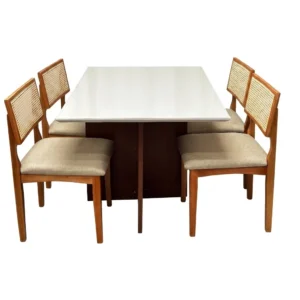 Mesa de Jantar Helo 120x90cm com Vidro e 4 Cadeiras Monalisa em Linho Madeira Poliman