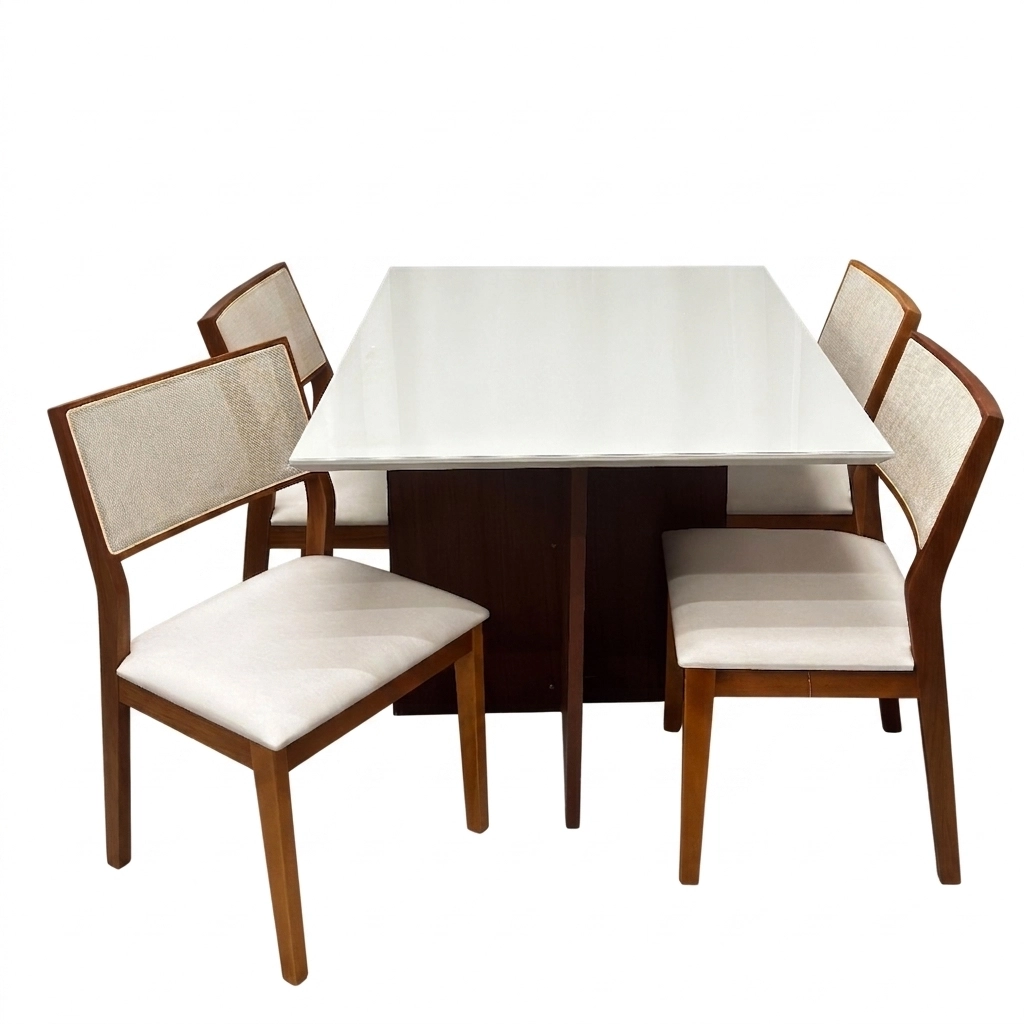 Mesa de Jantar Helo 120x90cm com Vidro e 4 Cadeiras Oiti em Linho Madeira Poliman