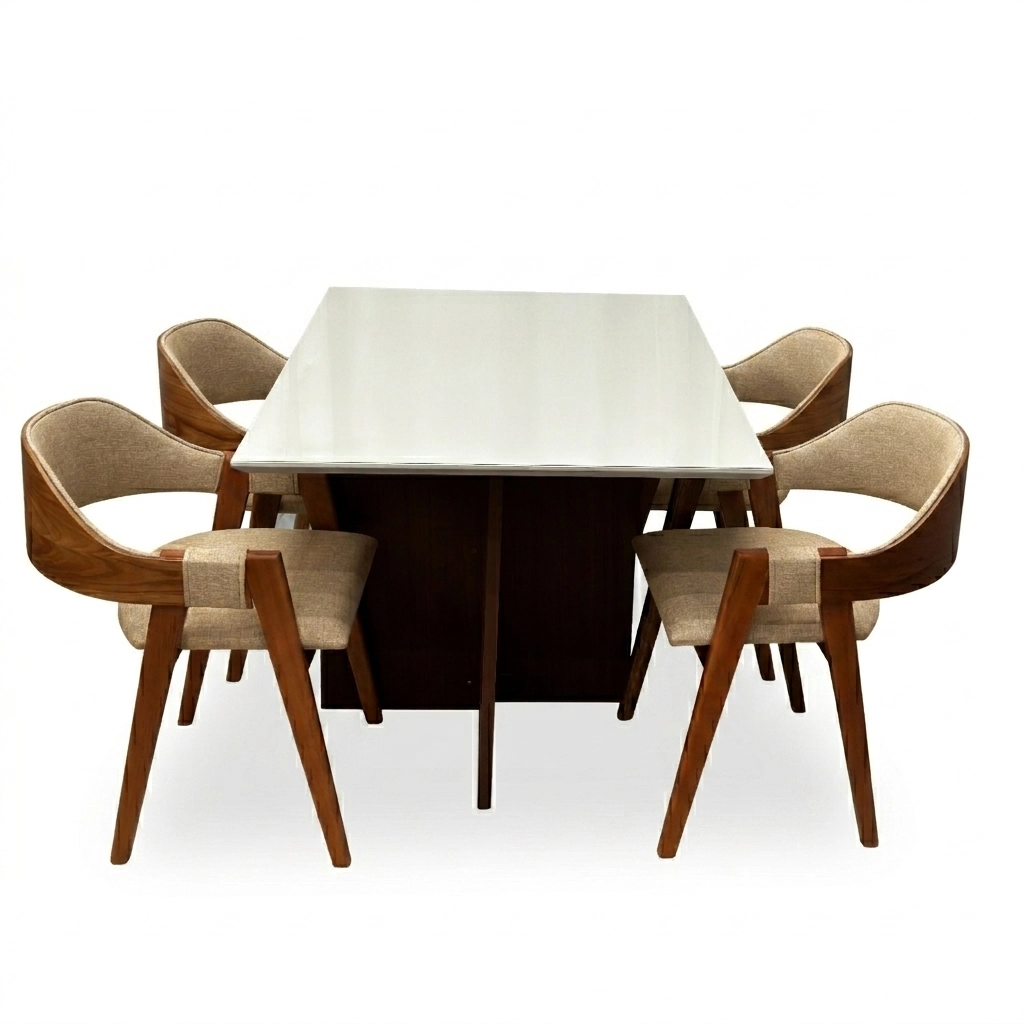 Mesa de Jantar Helo 120x90cm com Vidro e 4 Cadeiras Perola em Linho Madeira Poliman
