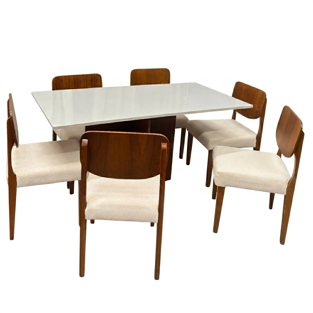 Mesa de Jantar Helo 160x90cm com Vidro e 6 Cadeiras Barcelona em Linho Madeira Poliman