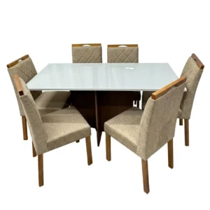 Mesa de Jantar Helo 160x90cm com Vidro e 6 Cadeiras California em Linho Estofadas Poliman